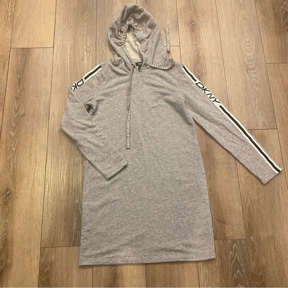DKNY Sweatshirt Dress Women’s Petite Small Gray Long Sleeves Hoodie Logo Tape